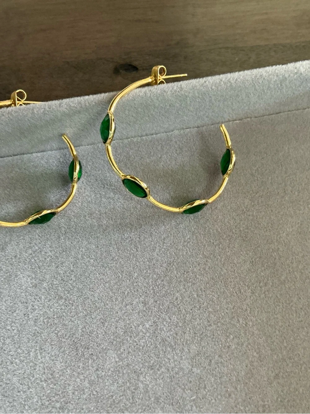Gold Hoop Earrings with Green Stone Accents